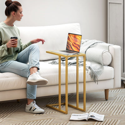HOMCOM C-Shaped Side Table, Modern Slim End Table with Tempered Glass Tabletop, Steel Frame for Small Space, Living Room, Bedroom, Gold Tone 