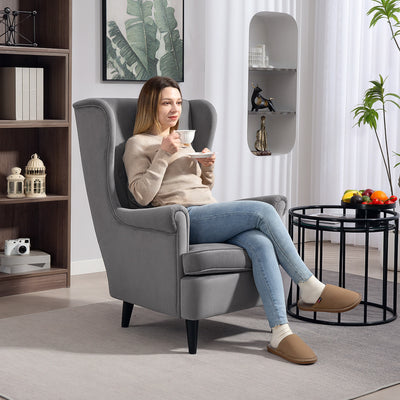 HOMCOM Modern Accent Chair, Upholstered Wingback Armchair with High Backrest and Pillow, Velvet-Feel Fabric Reading Chair with Solid Wood Legs for Living Room, Bedroom, Home Office, Dark Grey 