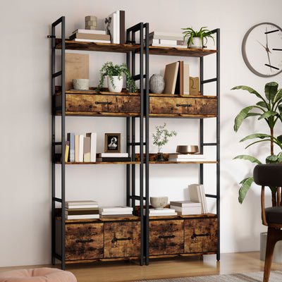 HOMCOM Industrial Style Bookcase, with 4 Shelves and 3 Fabric Drawers - Brown/Black 
