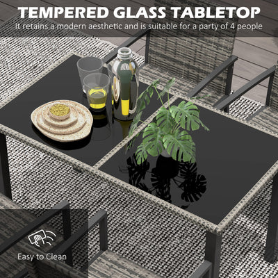 Outsunny Outdoor Dining Set 5 Pieces Patio Conservatory with Tempered Glass Tabletop,4 Dining Chairs - Mixed Grey 
