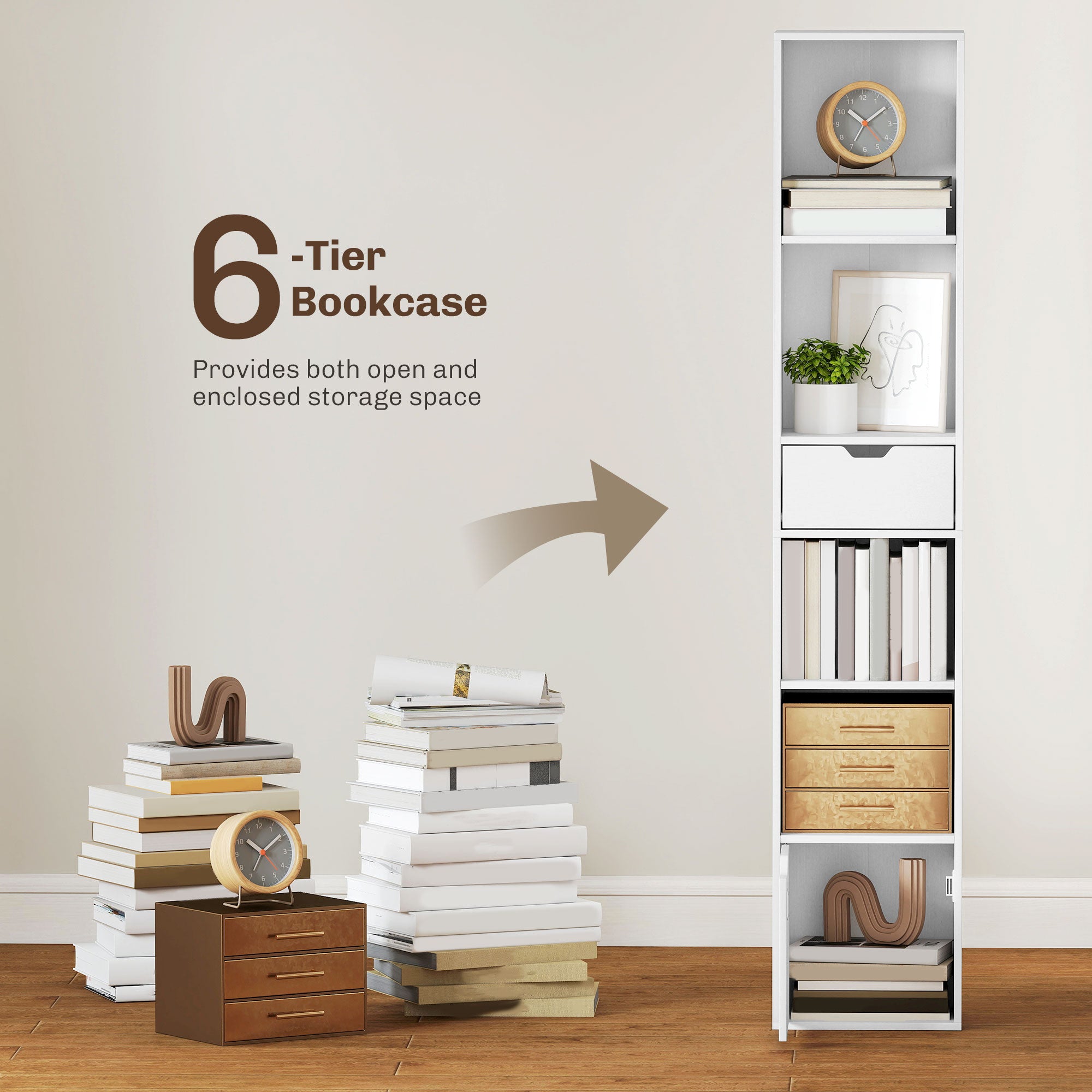 HOMCOM 6-Tier Bookcase, Tall Narrow Bookshelf with Drawer and Door - White 