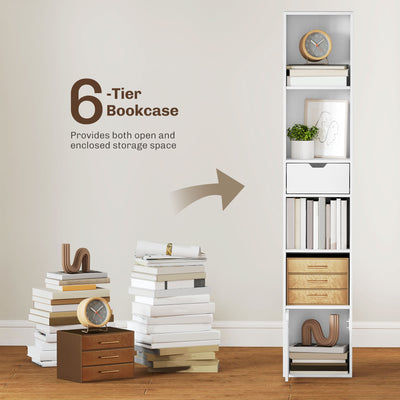 HOMCOM 6-Tier Bookcase, Tall Narrow Bookshelf with Drawer and Door - White 