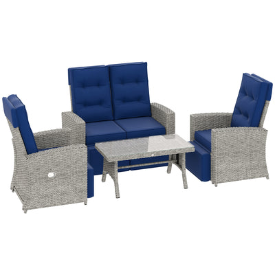 Outsunny 4 Piece Rattan Garden Furniture Set Outdoor Sofa Sectional Set with Glass Top Table for Poolside, Navy Blue 