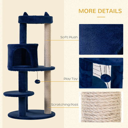 PawHut 104 cm Cat Tree, Cat Condo Tree Tower, Cat Activity Centre with Scratching Posts, Plush Perches, Hanging Ball - Blue 
