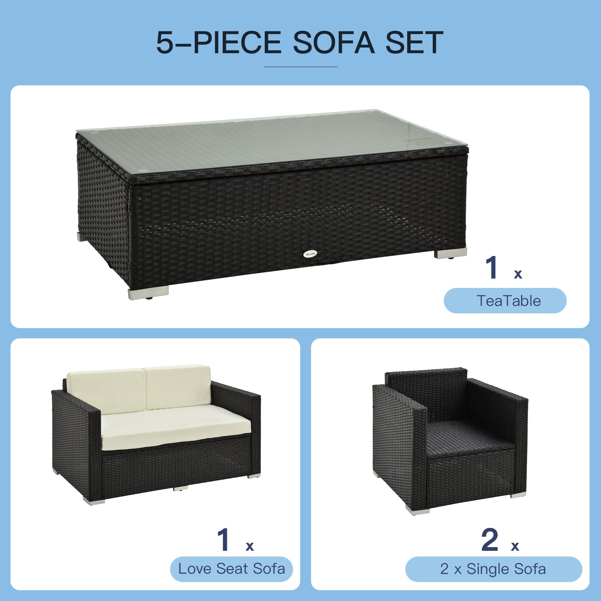 Outsunny 4-Seater Rattan Sofa Set Garden Rattan Furniture Wicker Steel Chair Seat Furniture Patio Rattan Garden Sofa Black 