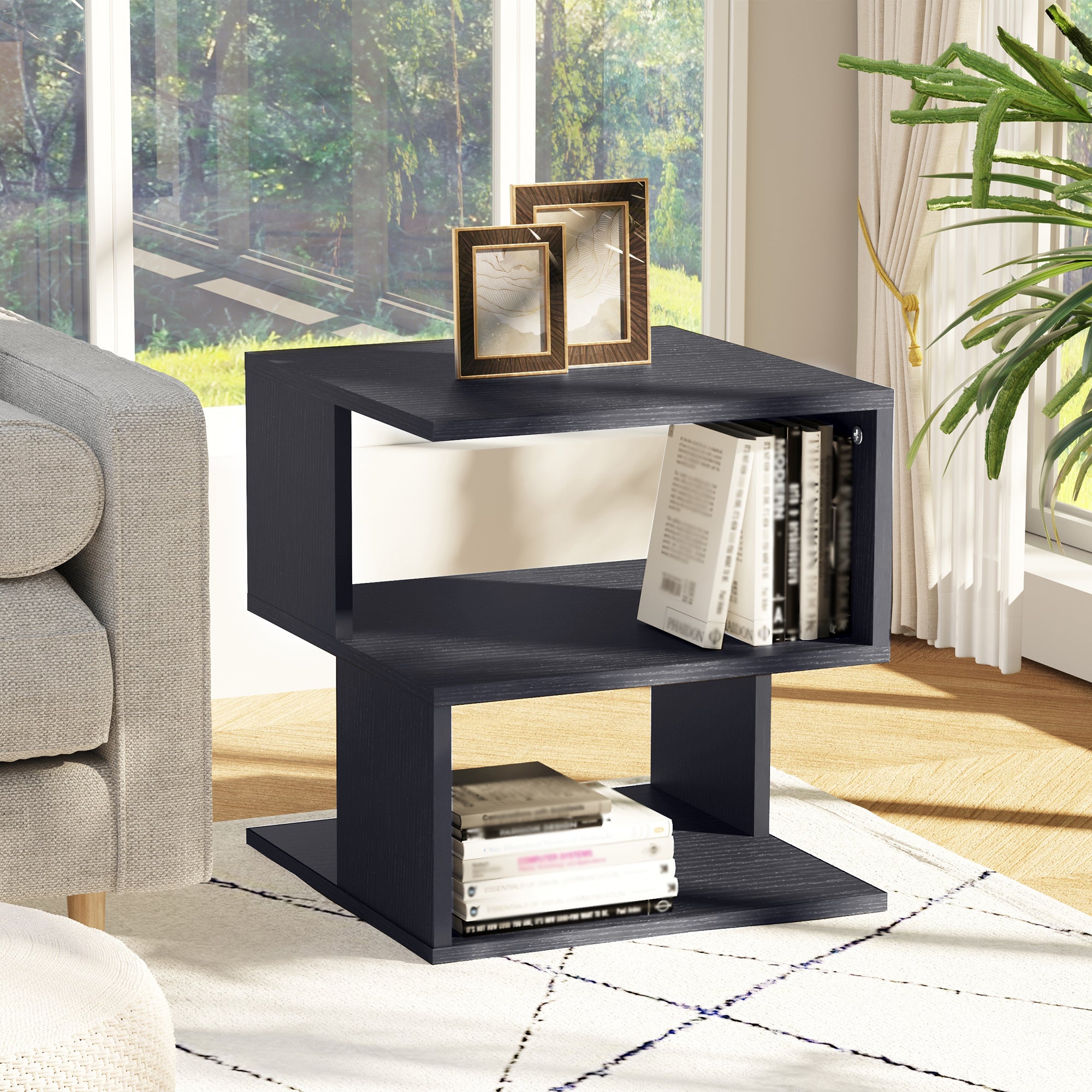 HOMCOM Side Table Square Coffee Table Modern End Table with 2 Tier Storage Shelves for Living Room, Bedroom, Black 