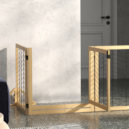 PawHut 8 Panels Foldable Pet Gate with Support Feet, for House, Doorway, Stairs, Small and Medium Dogs - Natural Wood 