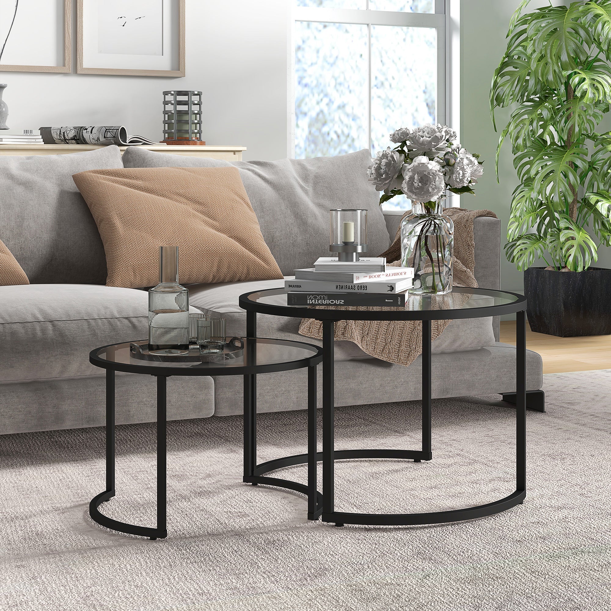 HOMCOM Two-Piece Nest of Glass-Top Coffee Tables 