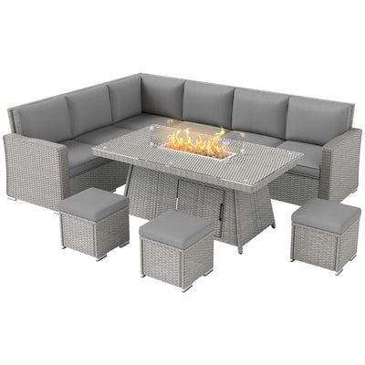 Outsunny Seven-Piece Firepit Table Rattan Sofa Set - Grey 