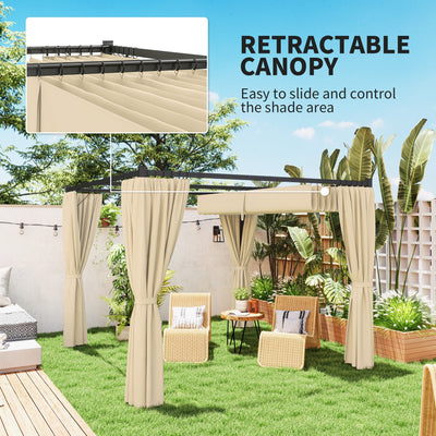 Outsunny 3 x 3m Retractable Roof Pergola, with Curtains - Khaki 