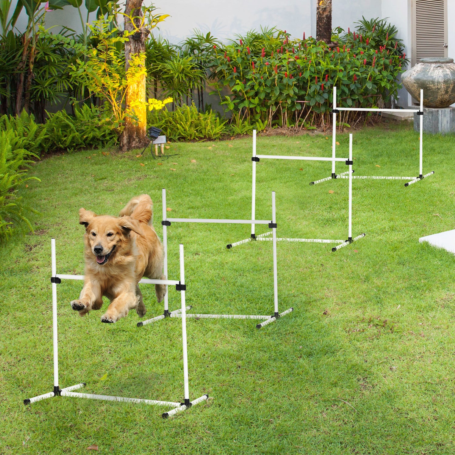 PawHut 4 Pieces Dog Agility Training Equipment, Adjustable Height Jumps Hurdle with Carrying Bag for Outdoor, White 