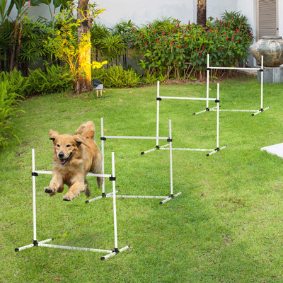 PawHut 4 Pieces Dog Agility Training Equipment, Adjustable Height Jumps Hurdle with Carrying Bag for Outdoor, White 
