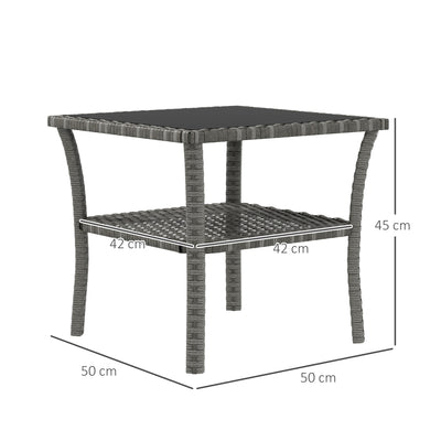 Outsunny 50cm Outdoor PE Rattan Coffee Table, Patio Wicker Two-tier Side Table with Glass Top, for Patio, Garden, Balcony, Grey 