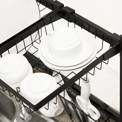 HOMCOM Space Saving 2 Tier Adjustable Dish Drainer Over The Sink Dish Drying Rack, Black 