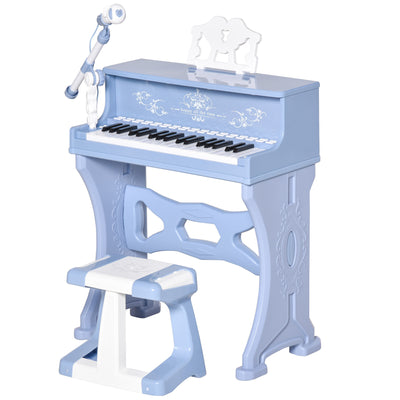 HOMCOM 37 Keys Kids Piano Mini Electronic Keyboard Light Kids Musical Instrument Educational Game Children Grand Piano Toy Set w/Stool & Microphone & Music Stand (Blue) 