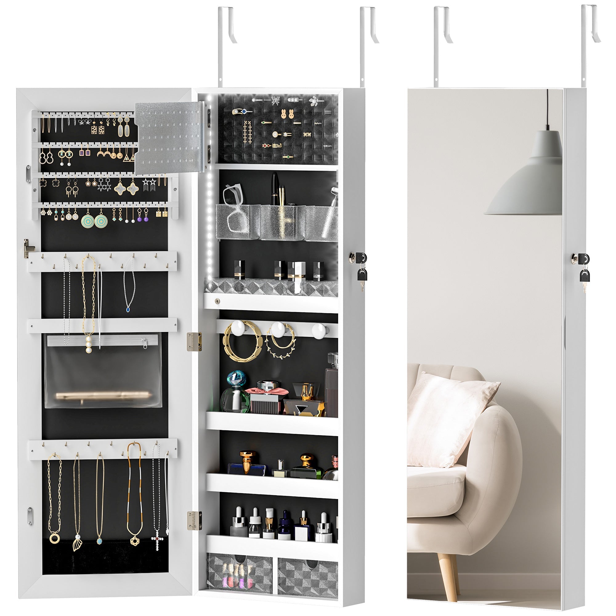 HOMCOM 108 x 37cm Lockable Jewellery Cabinet, with LED Lights - White Surface and Black Lining 