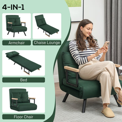 HOMCOM 4-in-1 Velvet-Feel Single Chair Bed, with Pillow - Green 