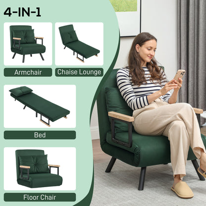 HOMCOM 4-in-1 Velvet-Feel Single Chair Bed, with Pillow - Green