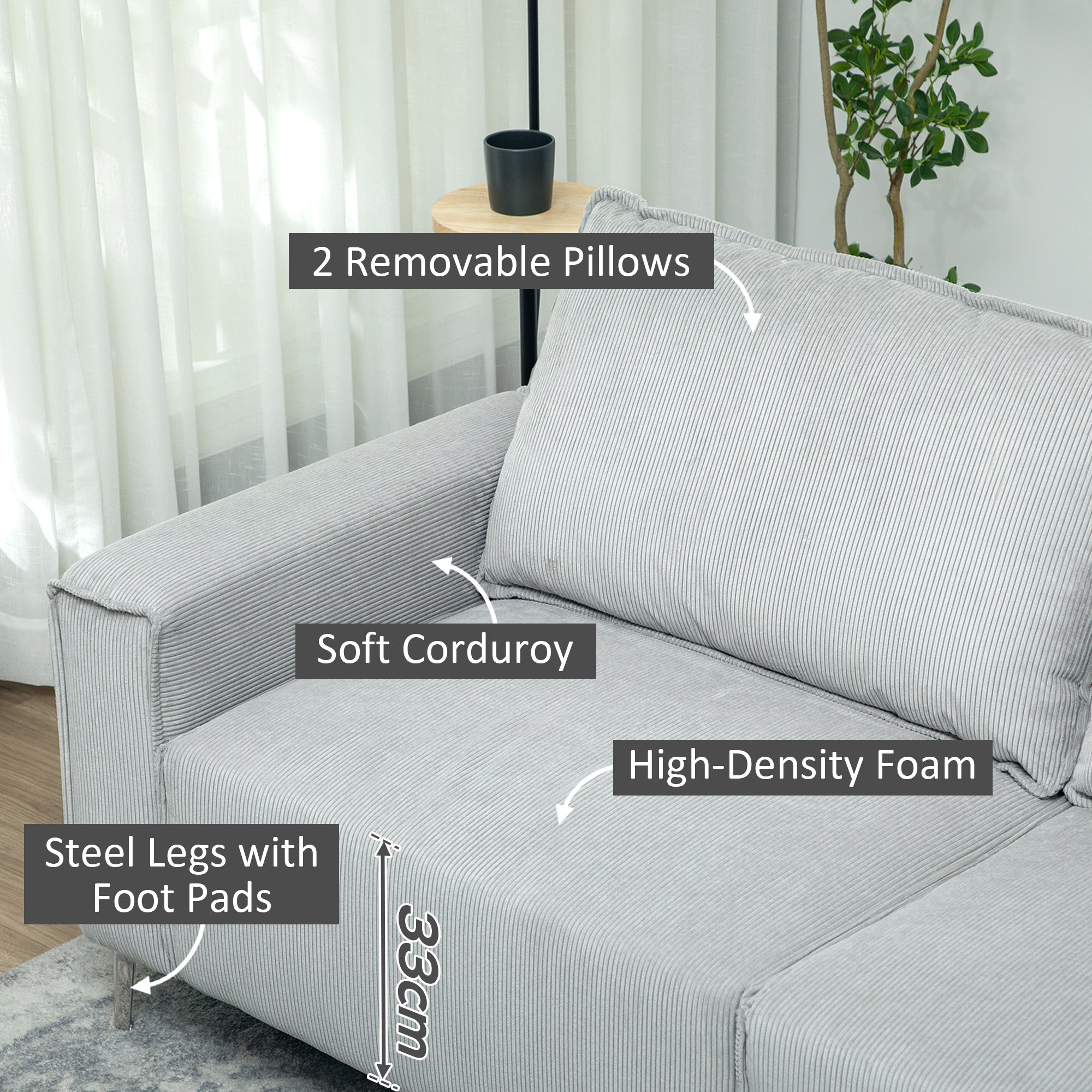 HOMCOM Three-Seater Corduroy - Light Grey 