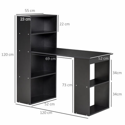 HOMCOM 120cm Modern Computer Desk Bookshelf Study Table Workstation PC Laptop Writing Home Office 6 Shelves, Black 