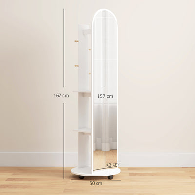 HOMCOM 2-in-1 Full Length Mirror with Storage Shelves, Floor Mirror with 4 Wheels, Coat Rack, Hooks, White