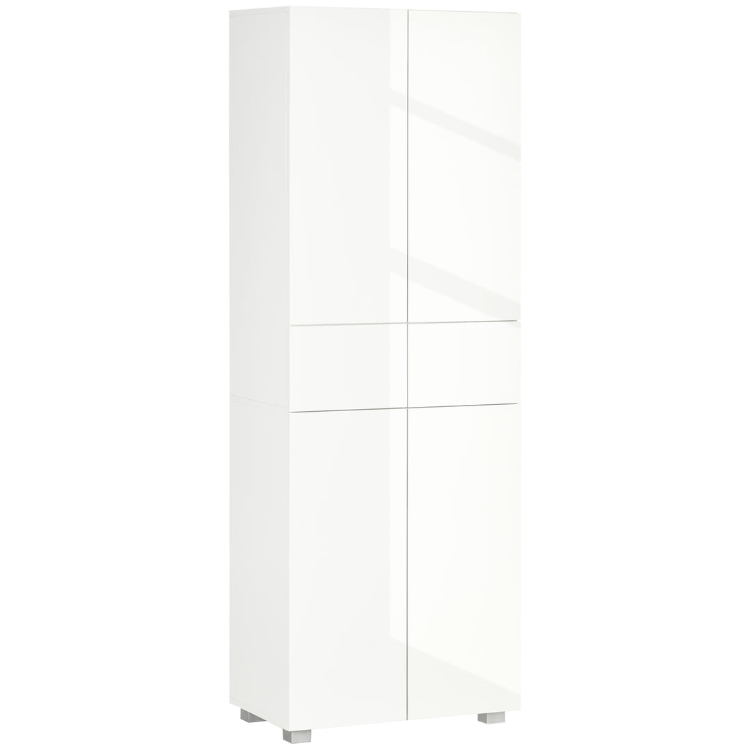 HOMCOM 4-Door Kitchen Cupboard, Freestanding 5-Tier Storage Cabinet with 3 Adjustable Shelves, 2 Drawers for Living Room, Dining Room, Push to Open Design, High Gloss White 