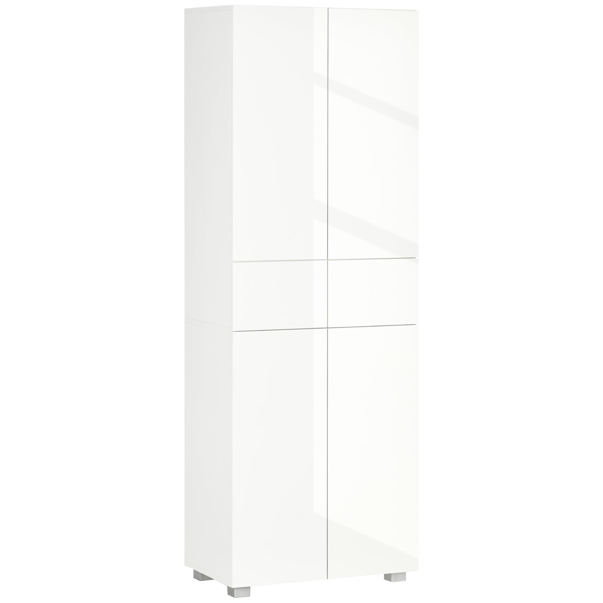 HOMCOM 4-Door Kitchen Cupboard, Freestanding 5-Tier Storage Cabinet with 3 Adjustable Shelves, 2 Drawers for Living Room, Dining Room, Push to Open Design, High Gloss White