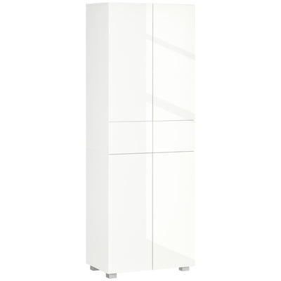 HOMCOM 4-Door Kitchen Cupboard, Freestanding 5-Tier Storage Cabinet with 3 Adjustable Shelves, 2 Drawers for Living Room, Dining Room, Push to Open Design, High Gloss White 