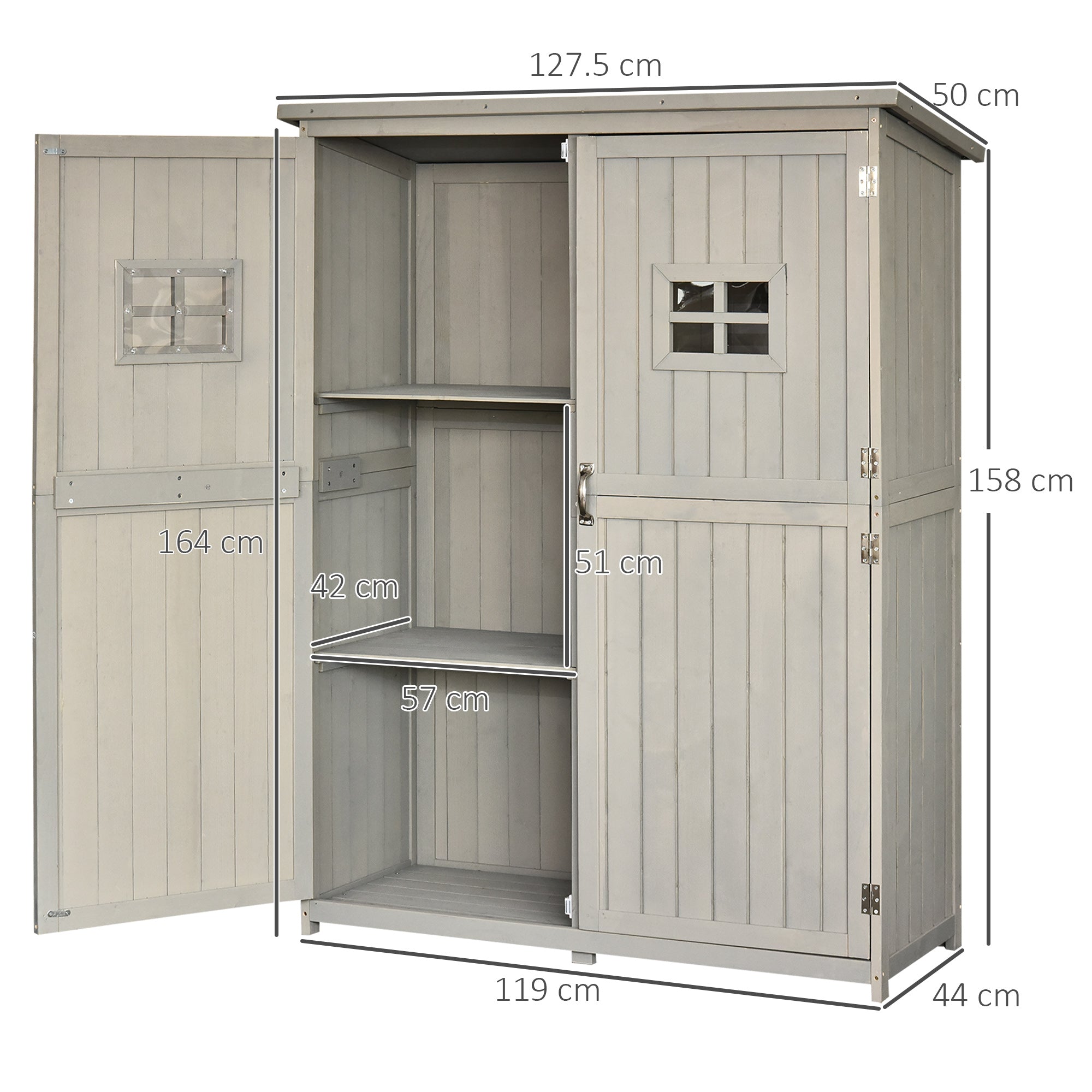 Outsunny Wooden Garden Shed with Two Windows, Tool Storage Cabinet, Outdoor Double Door Organizer 127.5L x 50W x 164H cm, Grey 