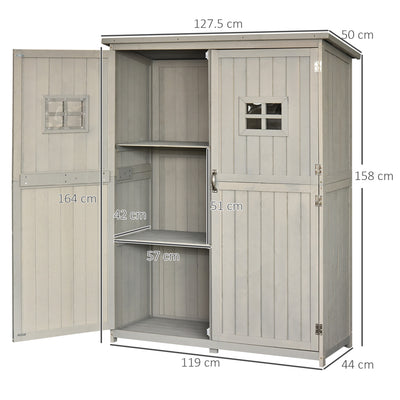 Outsunny Wooden Garden Shed with Two Windows, Tool Storage Cabinet, Outdoor Double Door Organizer 127.5L x 50W x 164H cm, Grey 