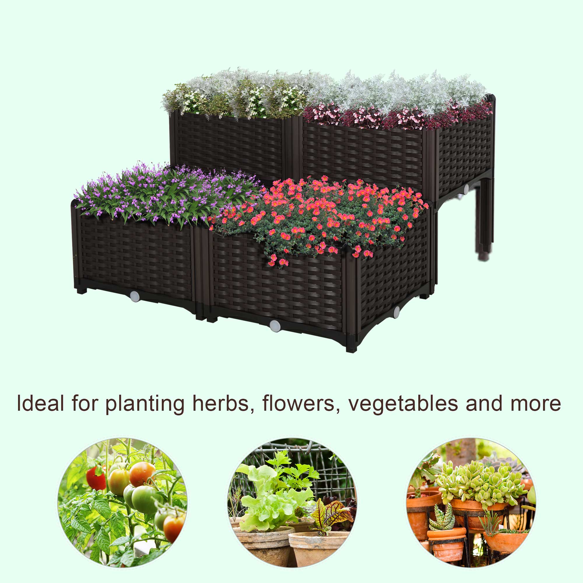 Outsunny Set of 4 26L Garden Raised Bed Elevated Patio Flower Plant Planter Box PP Vegetables Planting Container, Brown 