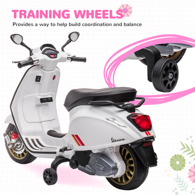 AIYAPLAY 12V Vespa Licensed Kids Electric Motorbike w/ Music, Headlights, FM Radio, for 3-6 Years - White 