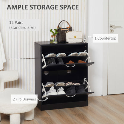 HOMCOM 2 Drawer Shoe Cabinet, Narrow Shoe Storage Cabinet with Flip Doors and Adjustable Shelves, Slim Shoe Cupboard for 12 Pairs of Shoes for Entryway, Hallway, Black 