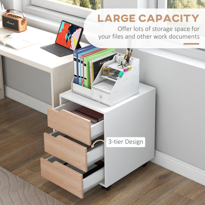 HOMCOM 3 Drawer Mobile File Cabinet, Vertical Filing Cabinet with Wheels for Home Office, Oak 