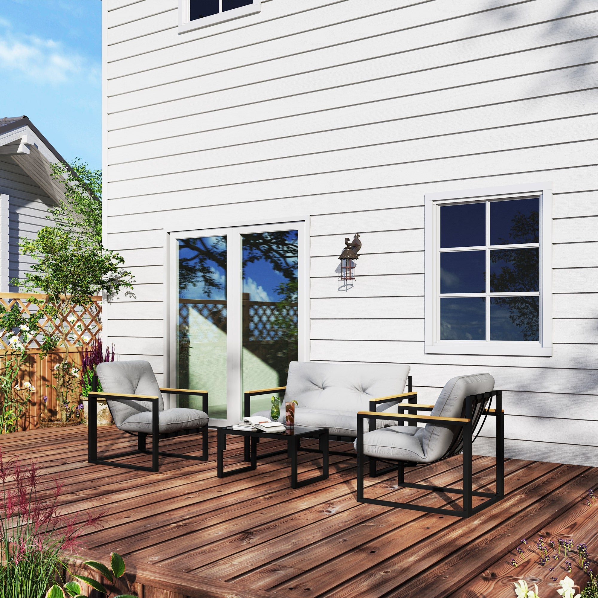 Outsunny Garden Furniture Set, 4 Piece Indoor Outdoor Conservatory with Loveseat Sofa, Armchairs, Glass Top Coffee Table, Cushions for Balcony, Poolside, Patio, Light Grey 