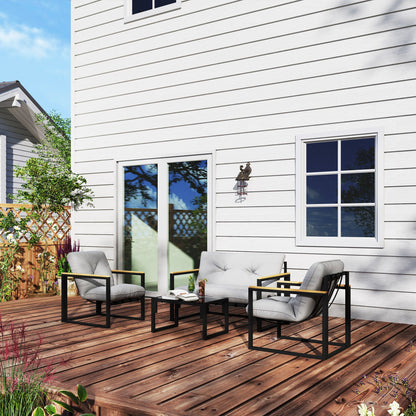 Outsunny Garden Furniture Set, 4 Piece Indoor Outdoor Conservatory with Loveseat Sofa, Armchairs, Glass Top Coffee Table, Cushions for Balcony, Poolside, Patio, Light Grey 