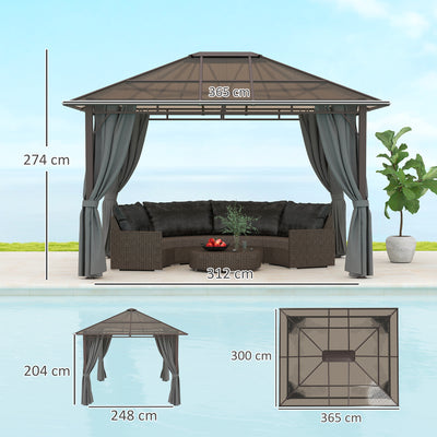 Outsunny 3 x 3.6m Hardtop Gazebo Canopy with Polycarbonate Roof Garden Pavilion with Removable Curtains and Steel Frame, Dark Grey 