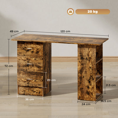 HOMCOM Computer Desk, Writing Table, PC Workstation with 3 Storage Shelves and Drawers, Silver Handle, for Home Office, Rustic Brown 