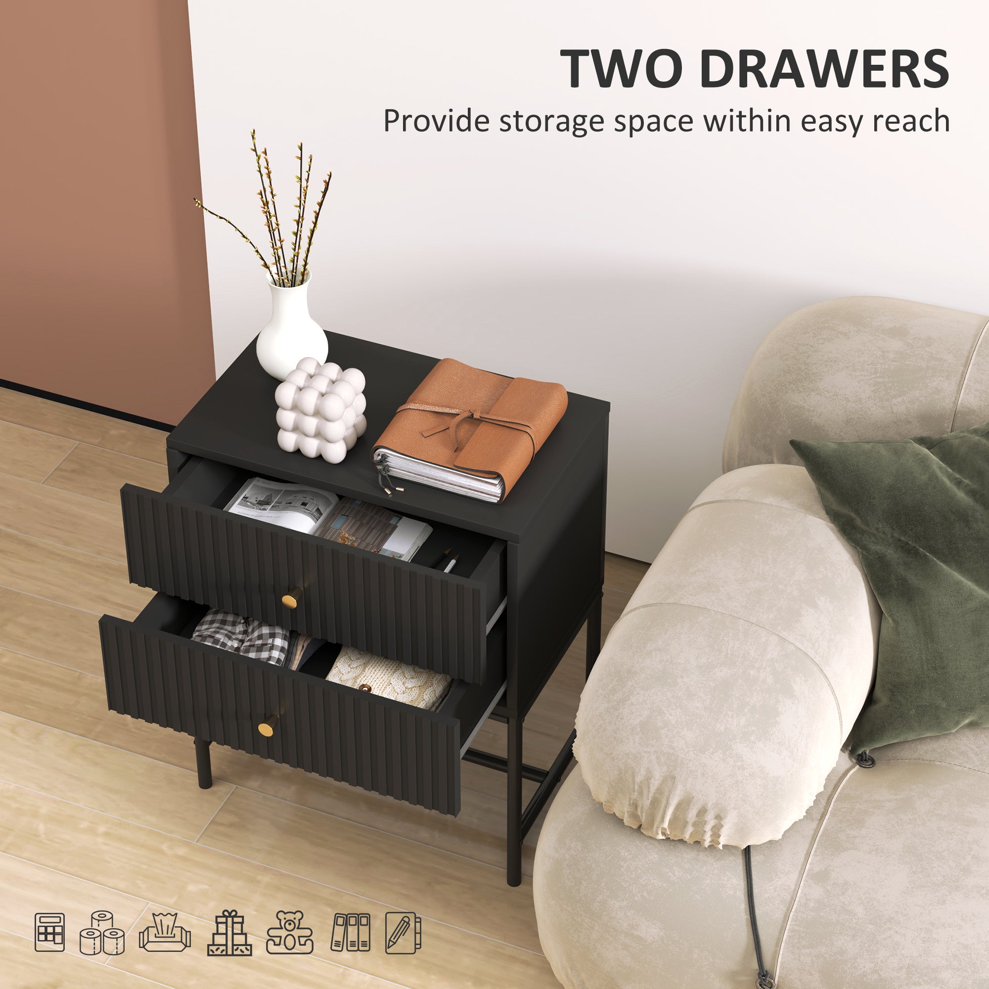 HOMCOM Elegant Two-Drawer Bedside Table Set of 2 - Black 