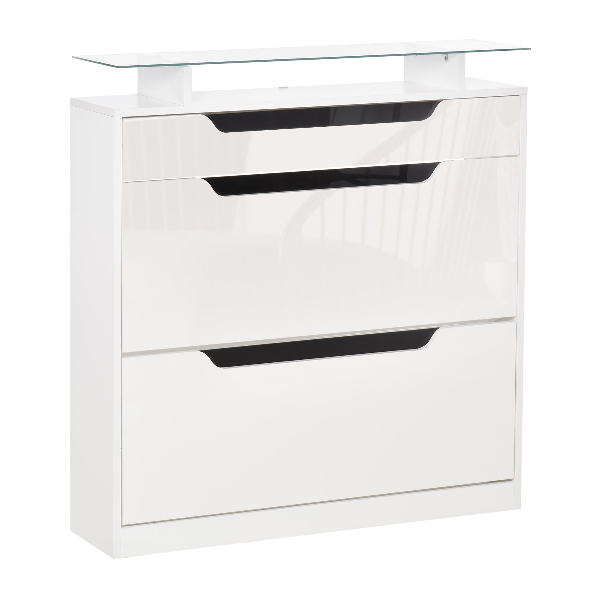 HOMCOM Shoe Storage Cabinet, Shoe Cupboard with Slide Out Drawer, 2 Flip Doors, Tempered Glass Top and Adjustable Shelves for 16 Pairs of Shoes, White 