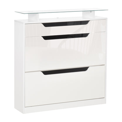 HOMCOM Shoe Storage Cabinet, Shoe Cupboard with Slide Out Drawer, 2 Flip Doors, Tempered Glass Top and Adjustable Shelves for 16 Pairs of Shoes, White 