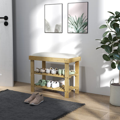 HOMCOM Bamboo Shoe Storage Bench, 3-Tier Shoe Bench with Seat Cushion, Shoe Rack for Entryway, Hallway, Living Room, Bedroom, Cream White 