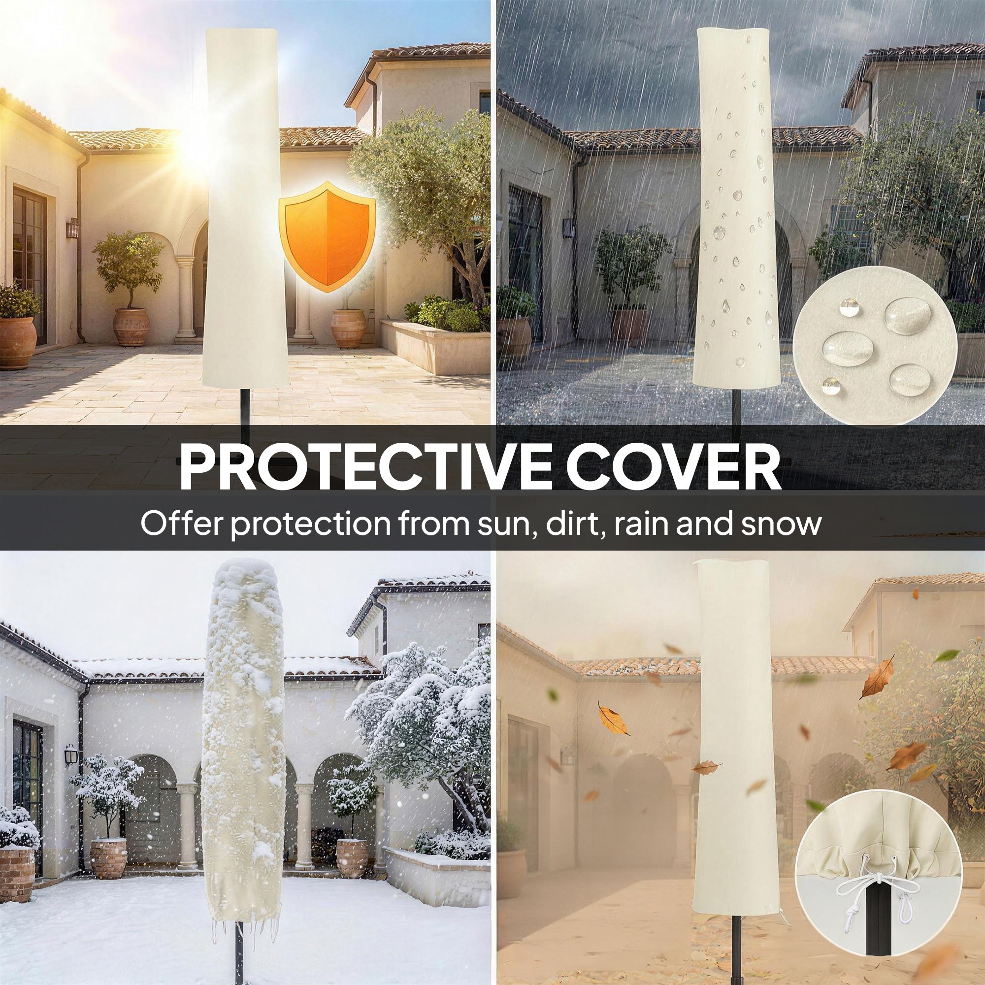 Outsunny 3 x 3 m Garden Cantilever Parasol w/ Light, Cover, UPF50+ Patio Umbrella w/ Wind Protection, 360° Rotation, Cream White 