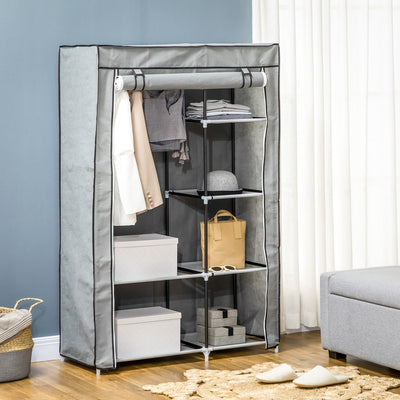 HOMCOM Fabric Wardrobe, Portable Wardrobe with 6 Shelves, 1 Hanging Rail, Foldable Closets, 103 x 43 x 162.5 cm, Light Grey 