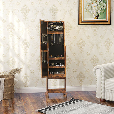 HOMCOM Free Standing Mirror Jewelry Cabinet with LED Lights, Jewellery Organiser with 3 Angle Adjustable, Full-Length Mirror with Storage for Earrings, Necklaces, Rings and Lipsticks, Rustic Brown 