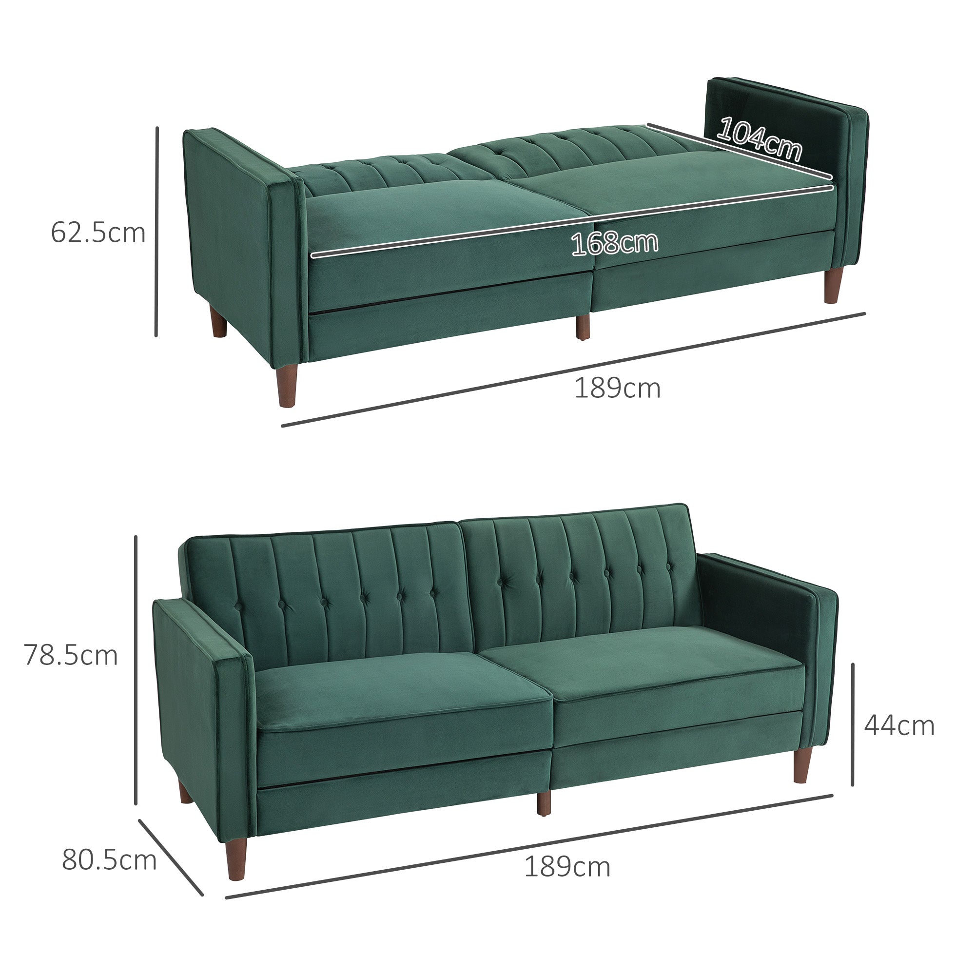 HOMCOM Velvet-Feel Three-Seater Sofa Bed - Green 