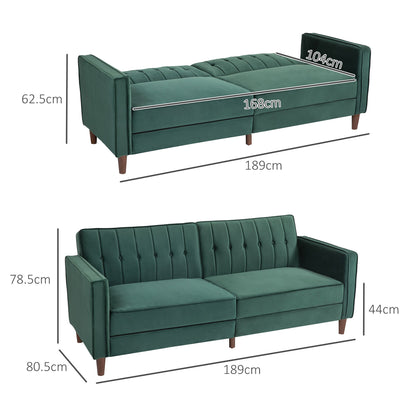 HOMCOM Velvet-Feel Three-Seater Sofa Bed - Green 