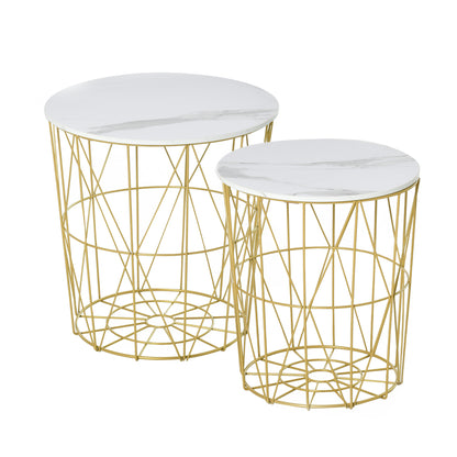 HOMCOM Set of 2 Nesting Side Tables with Storage, Round End Tables Coffee Tables with Steel Frame and Removable Round Top, for Living Room, bedroom, office, White 