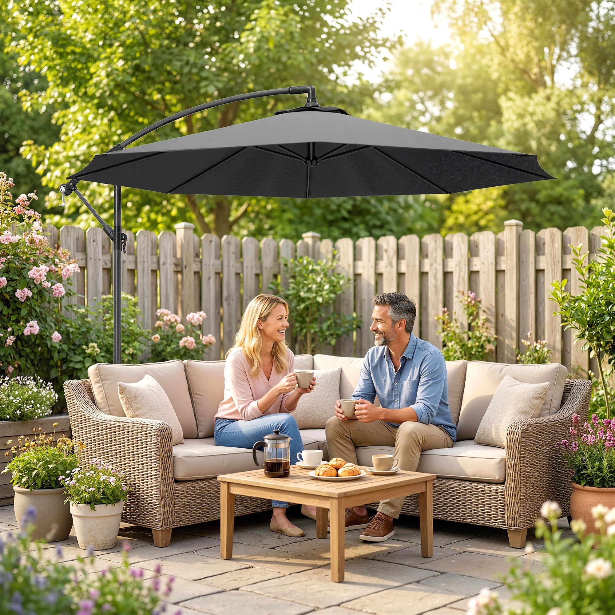 Outsunny 3m Overhanging Cantilever Parasol, with Cross Base - Grey 