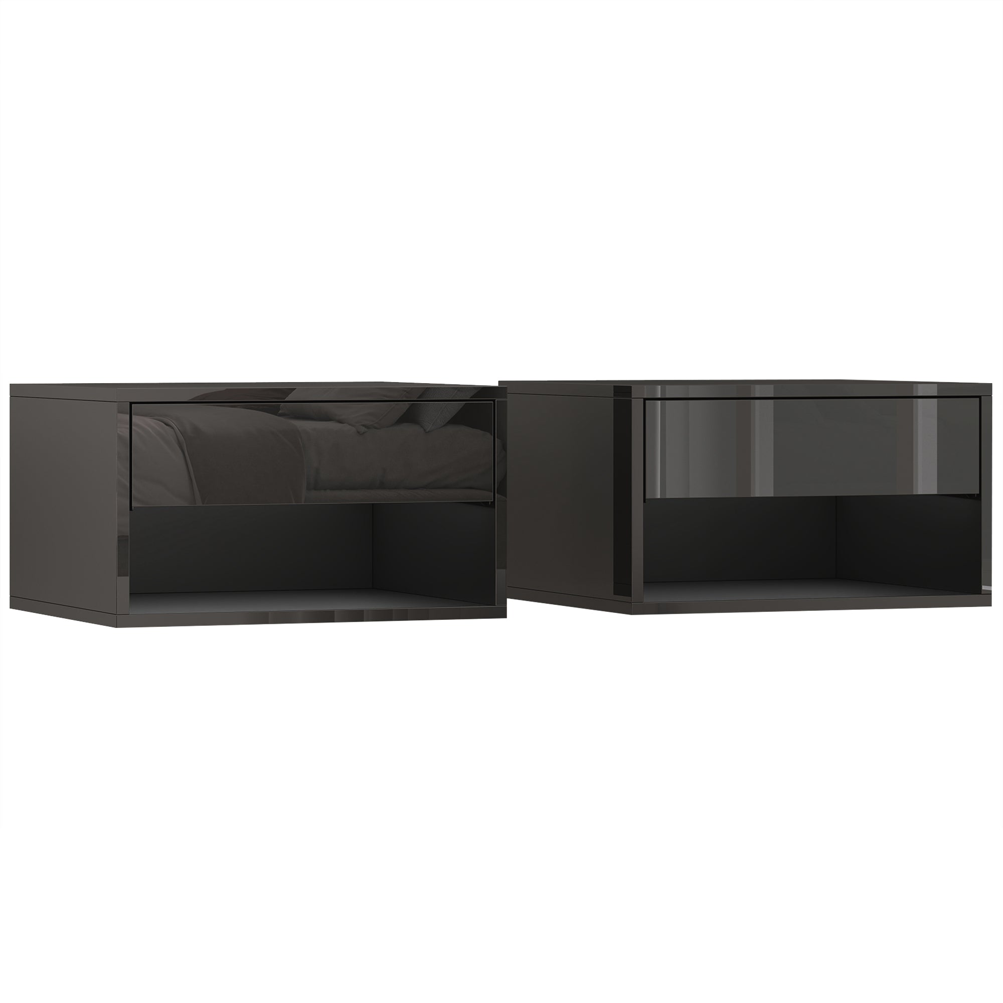 HOMCOM Floating Bedside Tables Set of 2, Wall Mounted Nightstand, High Gloss Black 